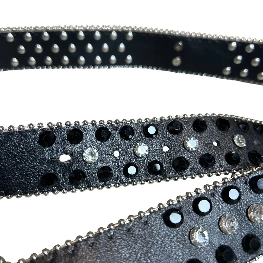 Pirate Belt Silver Rhinestone Skull Black Leather Glam Rock Goth Y2K Punk Grunge